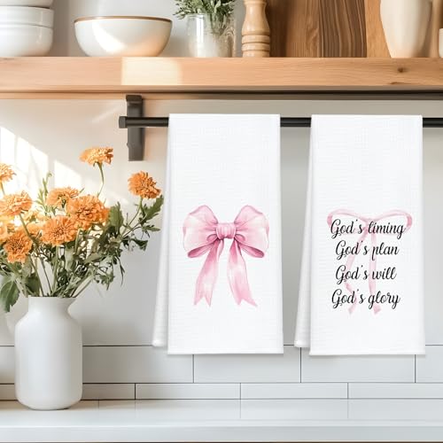 Christian Kitchen Towels Set of 2, Waffle Weave Hand Towels with Bible Verse and Pink Bow,Inspirational Decorative Dish Towels for Kitchen & Bathroom, Faith Gift for Women and Friends 16x24 Inch