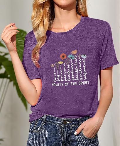 Women's Christian Shirt Fruit of The Holy Spirit Flower T-Shirt Inspirational Bible Text Top - color: Z-q6013-purple, size: Medium