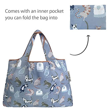 allydrew Large Foldable Tote Nylon Reusable Grocery Bags - color: Set of 2, Cool Felines, size: Large & Small (Set of 2)