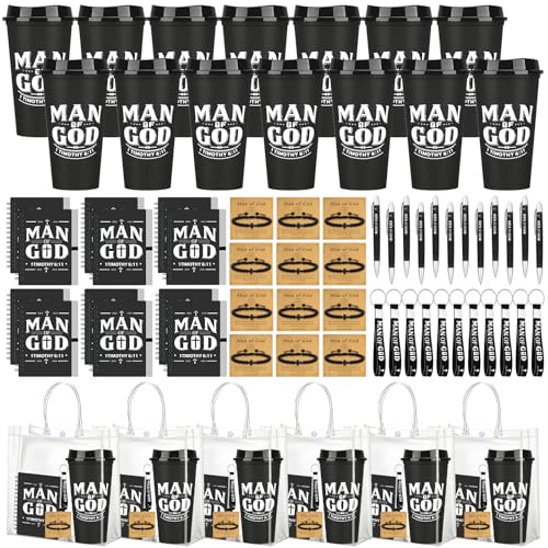 12 Sets/ 72 Pcs Christian Gifts for Men Bulk Man of God Theme Christmas Religious Gift for Church Group Includes 16oz Plastic Coffee Cup Notebooks Pens Keychains Bracelets Bags (Man of God) - color: Man of God