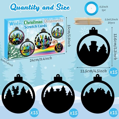 CY2SIDE 60PCS Winter Christmas Tree Ornaments Scratch Card, Xmas Hanging Scratch Paper Cards, Winter Magic Rainbow Color Paper Card for Classroom Project - style: Christmas Tree