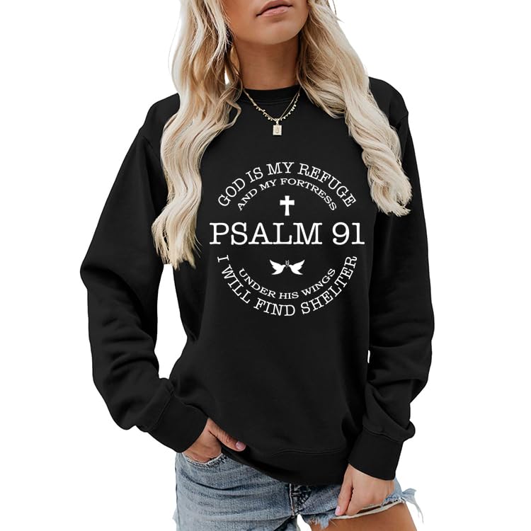 Christian Sweatshirts for Women Psalms 91 Long Sleeve Shirt - color: Black, size: Large