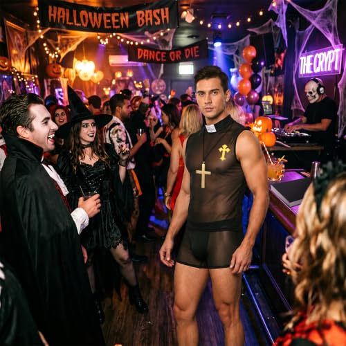 Jiuguva 5 Pcs Halloween Priest Costume for Men Adult Father Cross for Halloween Dress up Party - size: Large, style: Sexy