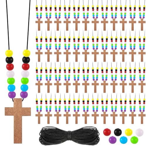 Kathfly 522 Pcs DIY Wood Cross on Cord Pendant Necklace for Kids, Brown - color: Brown