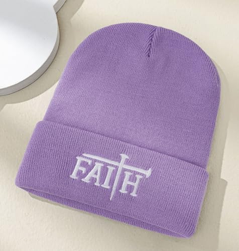 Christian Jesus Cross Beanie - Faith Winter Beanie Hats for Men Women - Religious Gifts for Christmas & New Years - color: Faith-white Cross/Light Purple