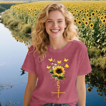 Womens Christian Shirts Faith Cross Sunflower Butterfly T-Shirt Bible Verse Religious Tee Tops - color: Pink, size: XX-Large