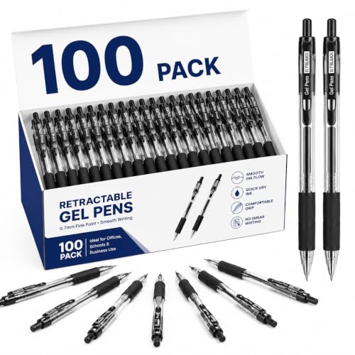 100 Pack 0.7mm Black Gel Pens Retractable Medium Ballpoint Pens Bulk