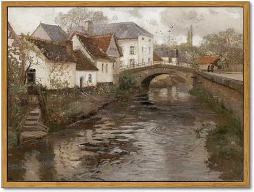 KBKBART Canvas Wall Art Framed Riverside Small Town Artwork Print 12x16inch - color: European Village, size: 16"L x 12"W