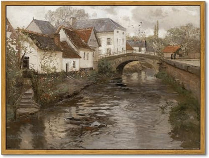 KBKBART Canvas Wall Art Framed Riverside Small Town Artwork Print 12x16inch - color: European Village, size: 16"L x 12"W