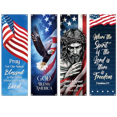 4 Pcs 4th of July Church Banners Independence Day Christian Banners with Scripture for Sanctuary Wall Worship Bible Verses Decor Welcome Church Religious Praise Hanging Signs(Blue,Nation) - size: 2 x 6 ft, style: Nation