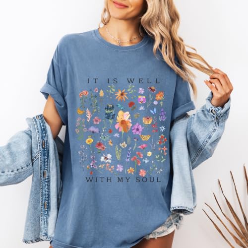 FITIN It is Well with My Soul Garment-Dyed T-Shirt, Vintage Floral Faith Graphic Tee, Christian Inspirational T-Shirt - color: Blue Jean, size: 3X-Large