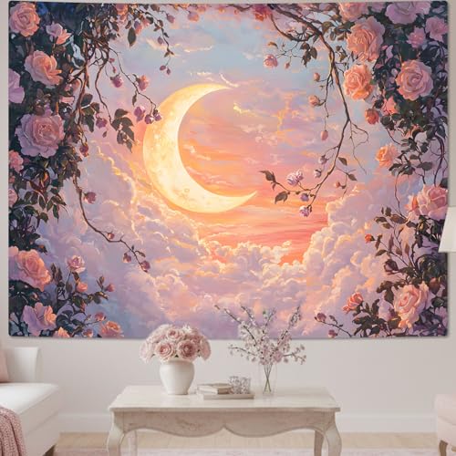 Lifeel Moon Pink Cloud Tapestry, Natural Landscape Romantic Fairy Pastel Rose Tapestries Wall Hanging for Girls Women Bedroom Home Decor, 36x48 inches - color: Pink, size: 48"L x 36"W