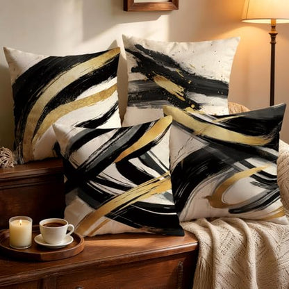 OBSEDE Abstract Black Gold Ink Brush Throw Pillow Covers 18 x 18 Set of 4 - color: Gold Ink Abstract Brushstrokes, size: 18" x 18" (Pack of 4)
