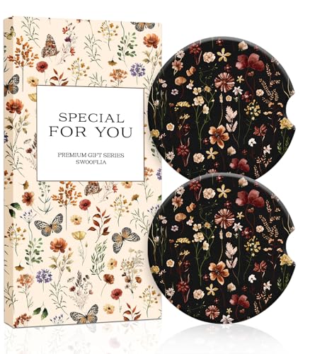 Swooflia Floral Absorbent Ceramic Car Coasters Set of 2, Cute Botanical Wildflower Cup Holder Coasters for Car, Black Vintage Flower Car Accessories for Women, Unique Gifts for Mom, Friends, Teachers - color: Black Vintage Flower