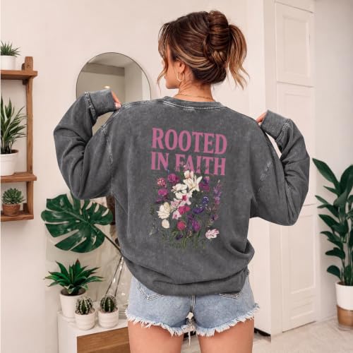 Oversized Christian Long Sleeve Shirts for Women Faith Bible Verse Floral Graphic Tees Acid Wash Vintage Sweatshirts - color: Gray, size: XX-Large