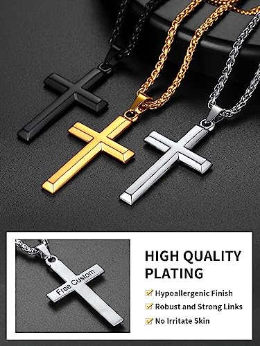 ChainsHouse Cross Necklace for Men, Black/18K Gold Plated/Stainless Steel Christian Jewelry Cross Pendant Necklace for Men, with Gift Box - color: d: Cross-Steel