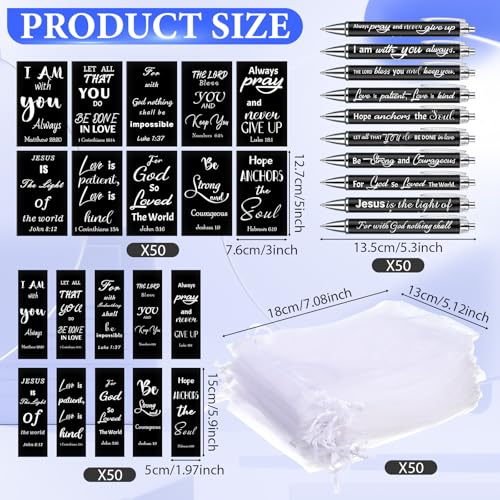 200 Pcs Christian Gift for Women Christian Accessories Include 50 Bible Verses Notebook 50 Church Bookmark 50 Ballpoint Pen Organza Bag Gift for Christmas Church Motivational (Black,White) - style: Black,White