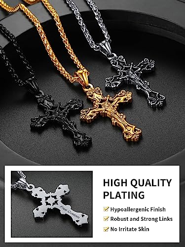 ChainsHouse Cross Necklace for Men, Black/18K Gold Plated/Stainless Steel Christian Jewelry Cross Pendant Necklace for Men, with Gift Box - color: a: Jecus Cross-Steel