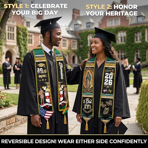 Graduation Stole Class of 2026 Reversible Sash with Gold Glitter Trim and Tassels V-Neck 72 Inch Satin - color: Jamaica & America
