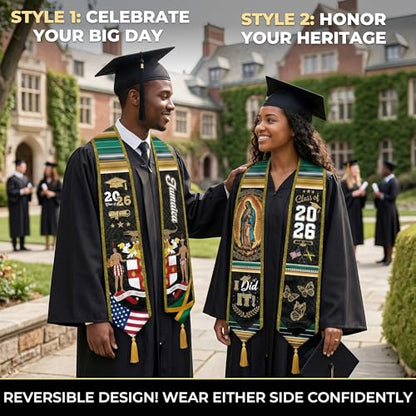 Graduation Stole Class of 2026 Reversible Sash with Gold Glitter Trim and Tassels V-Neck 72 Inch Satin - color: Jamaica & America