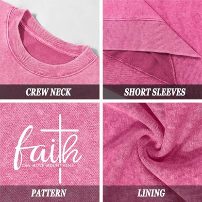 Christian Shirts for Women Faith Can Move Mountains Acid Wash Shirt Jesus Religious Bible Verse Long Sleeve Top - color: Pink, size: X-Large