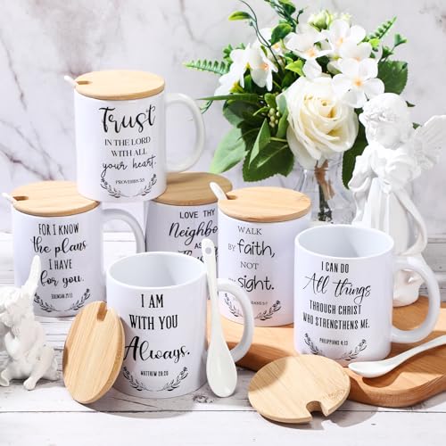 Maxdot 6 Sets Christian Gifts for Women Men Christian Mugs Bulk 12oz Coffee Mug with Lid Handle Spoon Religious Inspirational Scripture Ceramic Cup for Sunday School Vbs Grandparents(English) - style: English