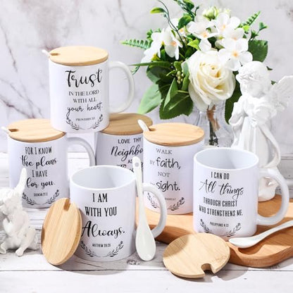Maxdot 6 Sets Christian Gifts for Women Men Christian Mugs Bulk 12oz Coffee Mug with Lid Handle Spoon Religious Inspirational Scripture Ceramic Cup for Sunday School Vbs Grandparents(English) - style: English