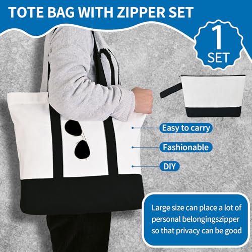 2-Pack Canvas Tote Bags and Makeup Bags, Cotton Zipper Bag, Black - color: Black/White