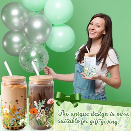 Sliner 2 Pcs Wildflower Glass Drinking Cups with Lid Straw, 16 oz - color: Fresh Colors, size: Wildflower