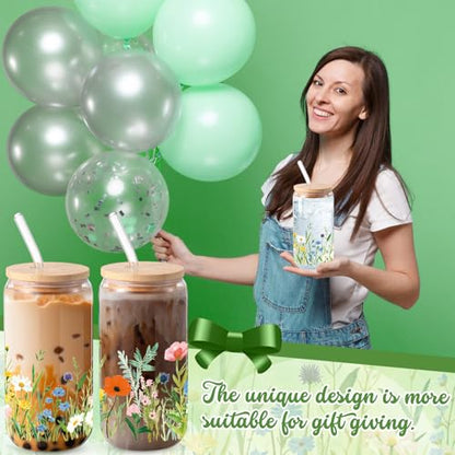 Sliner 2 Pcs Wildflower Glass Drinking Cups with Lid Straw, 16 oz - color: Fresh Colors, size: Wildflower