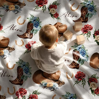 Personalized Cowgirl Throw Baby Gift Western Nursery, Cowboy Hat Boots Flower Pattern, Custom Name Toddler Kids Throw, Rustic Nursery Decor, Baby Gift Idea - color: Cowgirl Throw Baby Gift Western Nursery