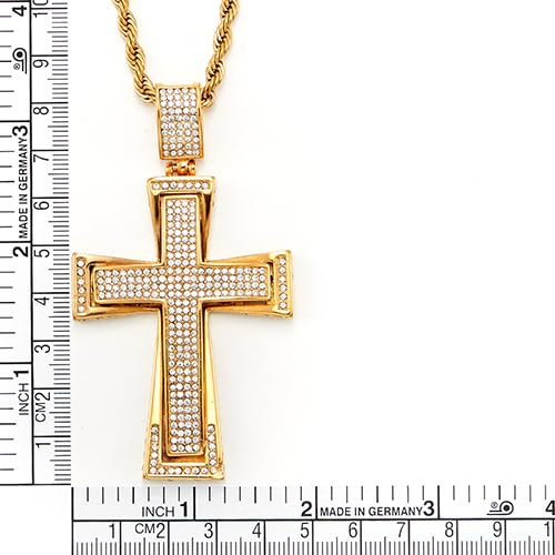 COOLSTEELANDBEYOND Mens Womens EXTRA LARGE Steel Cross Pendant Necklace with Cubic Zirconia and Wheat Chain - color: B-Metal Color: Gold