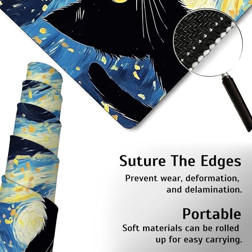 Blue Starry Night Black Cat Mouse Pad,35.4 x 15.7 Inch Large Mouse Mat Non-Slip Rubber Stitched Edges for Writing Desk,Office,Home,Laptop - color: Blue Starry Night Black Cat, size: 35.4L x 15.7W inches