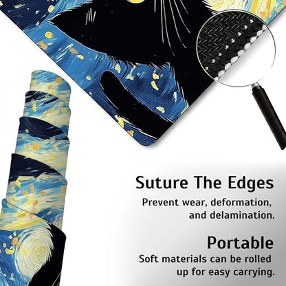 Blue Starry Night Black Cat Mouse Pad,35.4 x 15.7 Inch Large Mouse Mat Non-Slip Rubber Stitched Edges for Writing Desk,Office,Home,Laptop - color: Blue Starry Night Black Cat, size: 35.4L x 15.7W inches