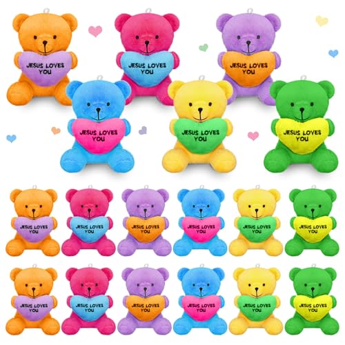 VioraWhite 12 Pcs Jesus Love You Stuffed Animal Bear Bulk for Kids 4'' Mini Religious Christian Plush Bear with Heart Small Stuffed Animal Toy Gift for Easter Party Vbs Event Favors - color: Colorful, size: Jesus Loves You
