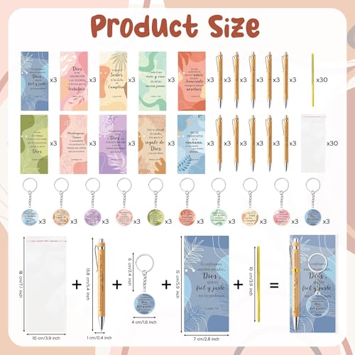 ANGOLIO 230 Spanish Christian Colorful Boho Religious Gifts Bulk Easter Gift Regalos Cristianos En Español Bible Verse Bamboo Pen Keychain Bookmark Inspirational Gift for Women Men VBS Church Favor - style: Colorful Boho