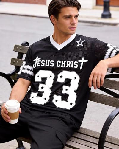 CHAIRAY Jesus Jersey Christian Football Jersey 33 Y2k Baggy Shirts Oversized V Neck Tee Tops for Women Men - color: 01 Black, size: Medium