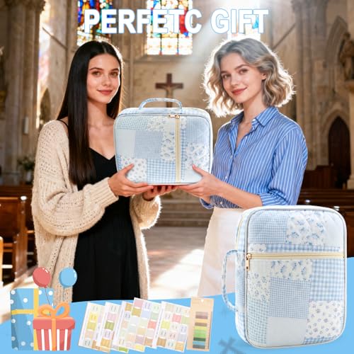 Zkptops Bible Cover Case for Women Large Bible Bag Cotton Quilted Bible Carrying Case with Zipper Pocket and Handle Carrying Book Cover for Christian Study Supplies Christian Gift(Blue Checkered) - color: Fr Blue Checkered