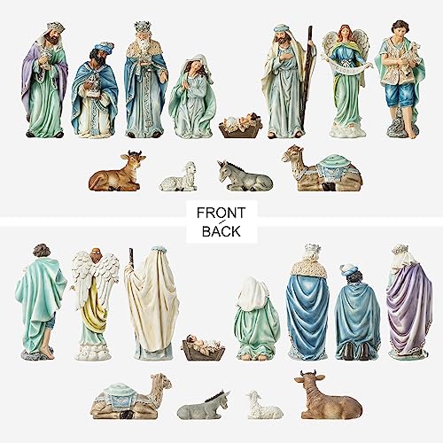 Glitzhome 12Pcs Nativity Figurines Sets for Christmas Indoor, Deluxe Blue Resin Christian Nativity Set Xmas Nativity Scene Tabletop Ornaments Miniatures Statue Nativity Figures Collectible 10" x 26" - size: 10 x 26.00 Inches-Blue
