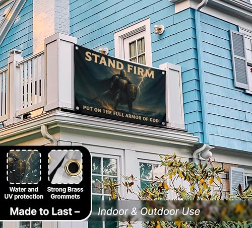 3x5 Feet Motivational Christian Flag Image Knight with Quote "Stand Firm – Put On the Full Armor of God" with 4 Brass Grommets - Single Sided Flag for Home Decor - Polyester Cool Tapestry for Bedroom