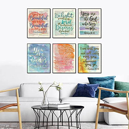 Set of 6 -Watercolor Christian Bible Verse Page Art Prints, Unframed, Song of Solomon 4:7, Psalm 37:4, Genesis 16:13, Ephesians 2:10, Philippians 4:8, Genesis 28:15, Wall Art Decor, 5x7 Inches