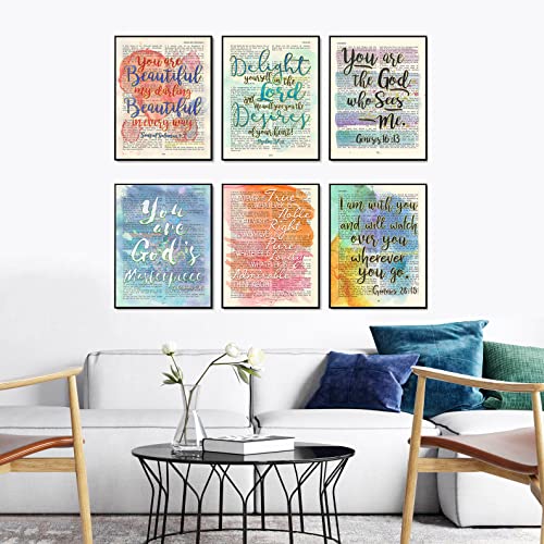 Set of 6 -Watercolor Christian Bible Verse Page Art Prints, Unframed, Song of Solomon 4:7, Psalm 37:4, Genesis 16:13, Ephesians 2:10, Philippians 4:8, Genesis 28:15, Wall Art Decor, 5x7 Inches