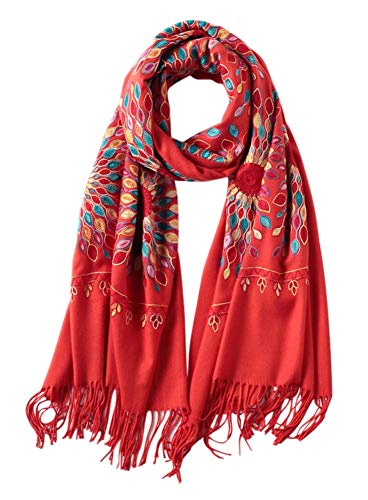 Urban CoCo Embroidered Scarf for Women, Tassel Shawl, Soft Lightweight Wrap - color: Red