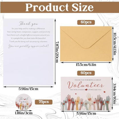 60 Volunteer Thank You Cards with Envelopes and Stickers, Bulk Appreciation Gifts Set for Volunteers, Church, Ministry, Charity Supplies, 5.91x3.94 Inch Folded Cards, 75 Stickers