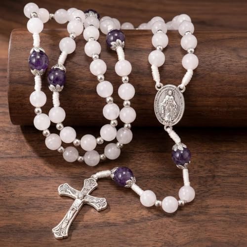 Nazareth Store 8mm White Jade & 10mm Natural Stone Beads Rosary Necklace St. Miraculous Medal & Cross Crucifix Catholic Prayer Beads Religious Jewelry - color: Amethyst