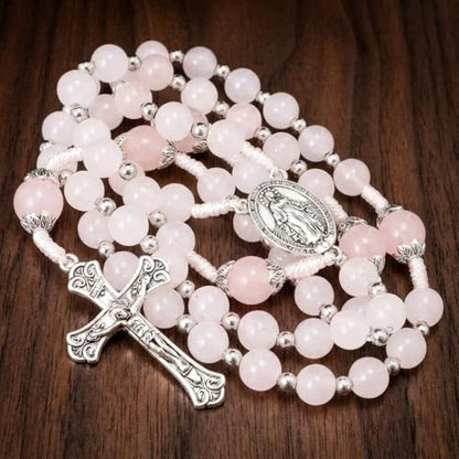 Nazareth Store 8mm White Jade & 10mm Natural Stone Beads Rosary Necklace St. Miraculous Medal & Cross Crucifix Catholic Prayer Beads Religious Jewelry - color: Pink Quartz