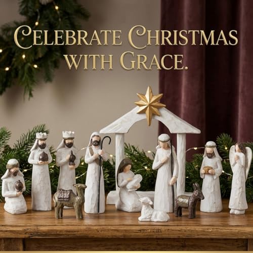 AOMOONOA White Nativity Set, Resin Small Christmas Nativity Figurine - color: Classic White