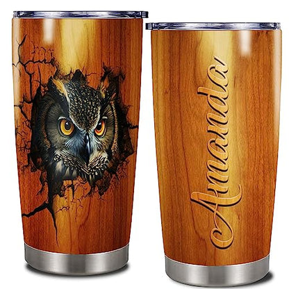 Dorris Personalized Owl Lover Tumbler Customized Name With Lid Stainless Steel Insulated Coffee Mug Cup Tumbler Printed Wood Style inspiration Gift For Women Girl Birthday - color: Owl