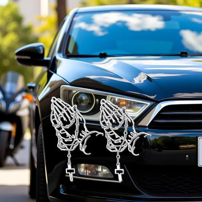2 Pcs/Set White Hands Praying Pearl Jesus Car Sticker, Personalized Rosary Car Sticker, Waterproof Christ Decal Stickers Bumper Stickers for Laptop Motorcycle Door Wall Decoration