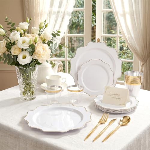 WDF 350PCS White and Gold Plastic Plates - Gold Plates Disposable 50Guest Plastic Dinnerware Ideal for Party/Wedding/Birthday/Thanksgiving/Fall/Rosh Hashanah - color: White and Gold, size: 350 pieces